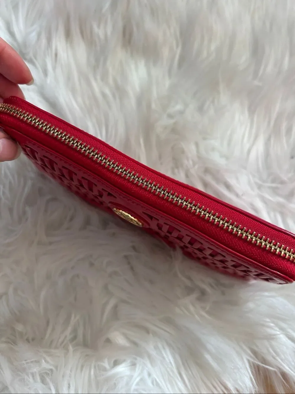 Tory Burch Red Patent Leather Gold Color Zipper Hardware Wallet